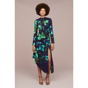 AMUR Milano Floral Print Ruched Midi Dress Sz 6‎ Long Sleeve Slit Stretch Party
